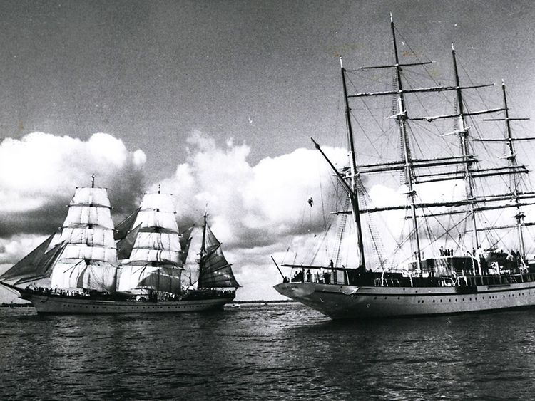  Gorch Fock (left) escorted by Sea Cloud at 790. port anniversary 1964