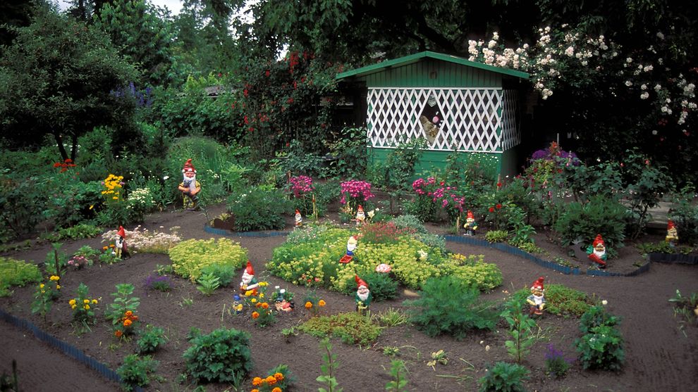 A German kleingarten with lots of garden gnomes.