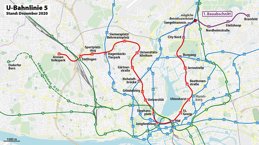 Map of the planned stops of the U5 underground train in Hamburg