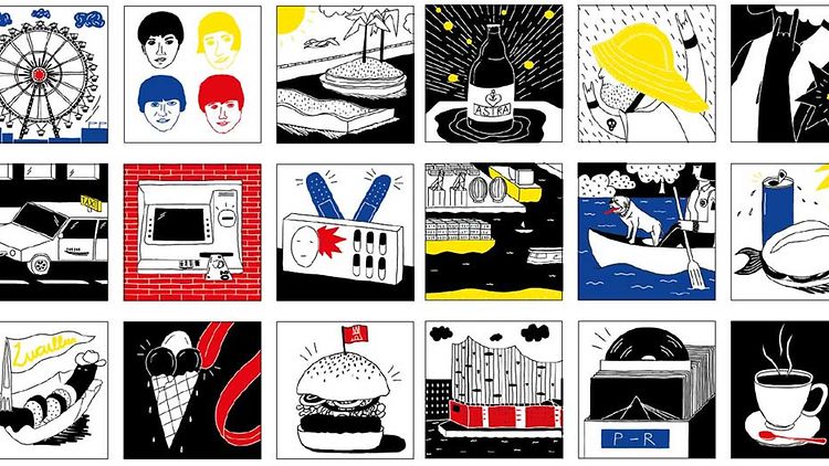  18 comicartige Zeichnungen, die Hamburg tyische Motive zeigen. Die Zeichnungnen sind in schwarz, gelb, rot und blau gehalten