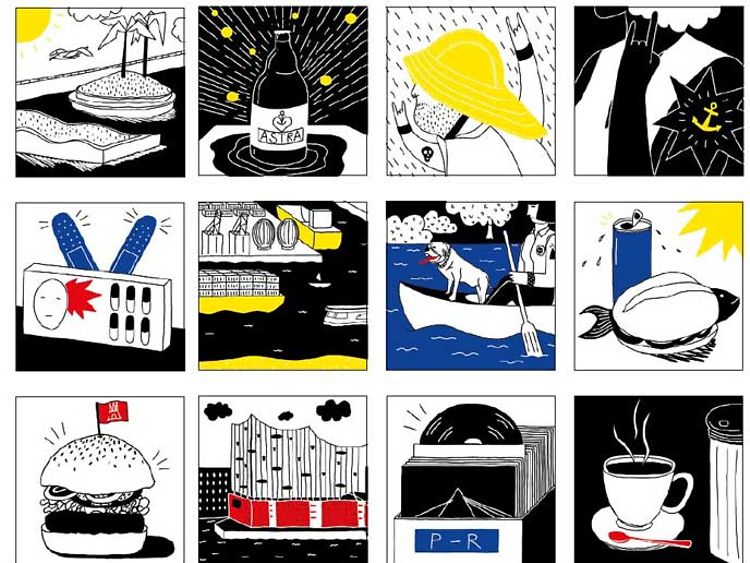  18 comicartige Zeichnungen, die Hamburg tyische Motive zeigen. Die Zeichnungnen sind in schwarz, gelb, rot und blau gehalten