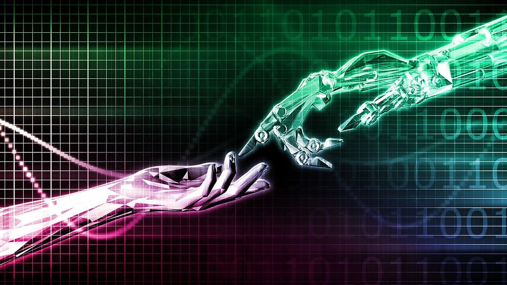  Futuristic graphic of an illustrated purple human hand and a light green robotic hand touching with graphs and digits in background.
