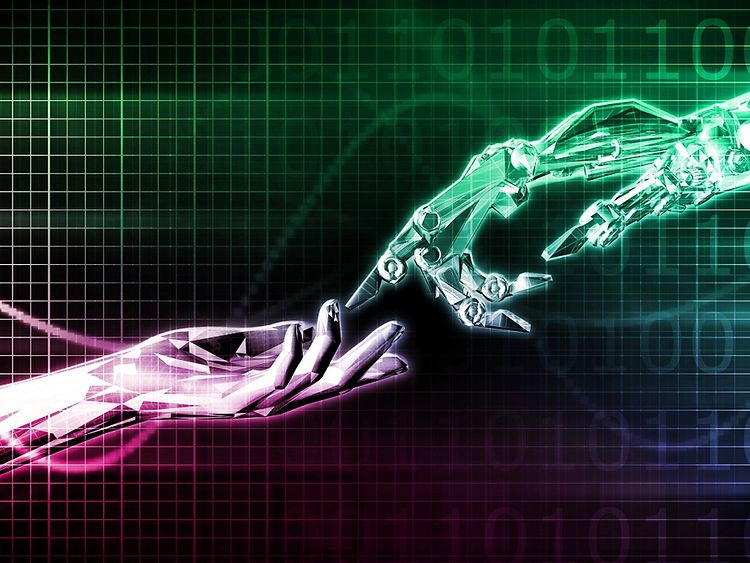  Futuristic graphic of an illustrated purple human hand and a light green robotic hand touching with graphs and digits in background.