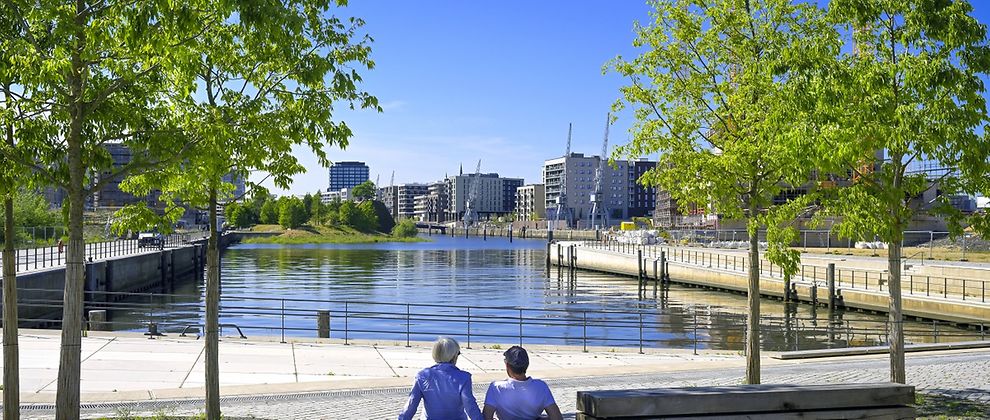  A couple on wooden bench on a dock lined with trees and modern architecture