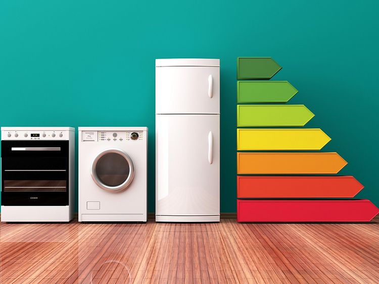  Image composite of home appliances with a colourful energy efficiency scale