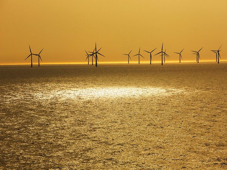  Wind turbines in the sea in the distance in golden light at dusk