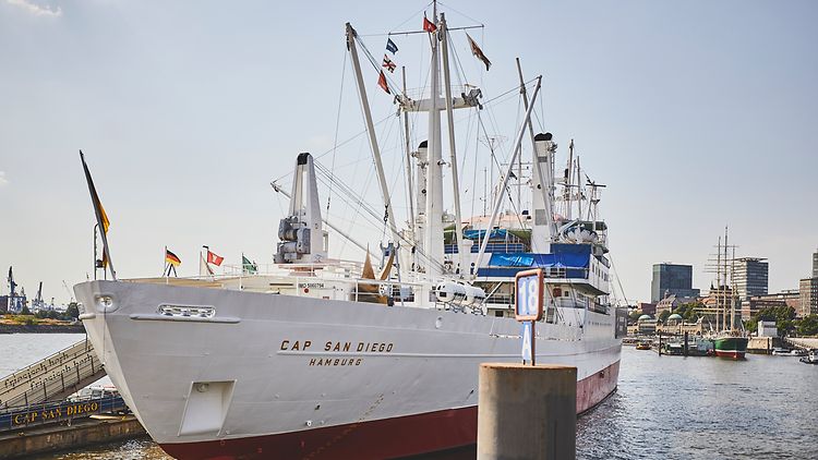 Cap San Diego museum ship berthed at Überseebrücke pier in Hamburg
